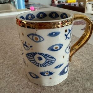 Anthropologie Blue and Gold Eye Design Mug